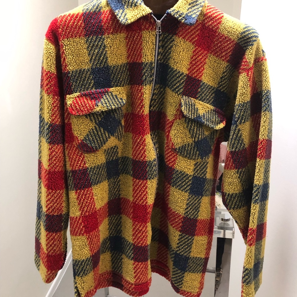 Cozy Plaid Zip-Up Sherpa Jacket in Yellow, Red & Navy